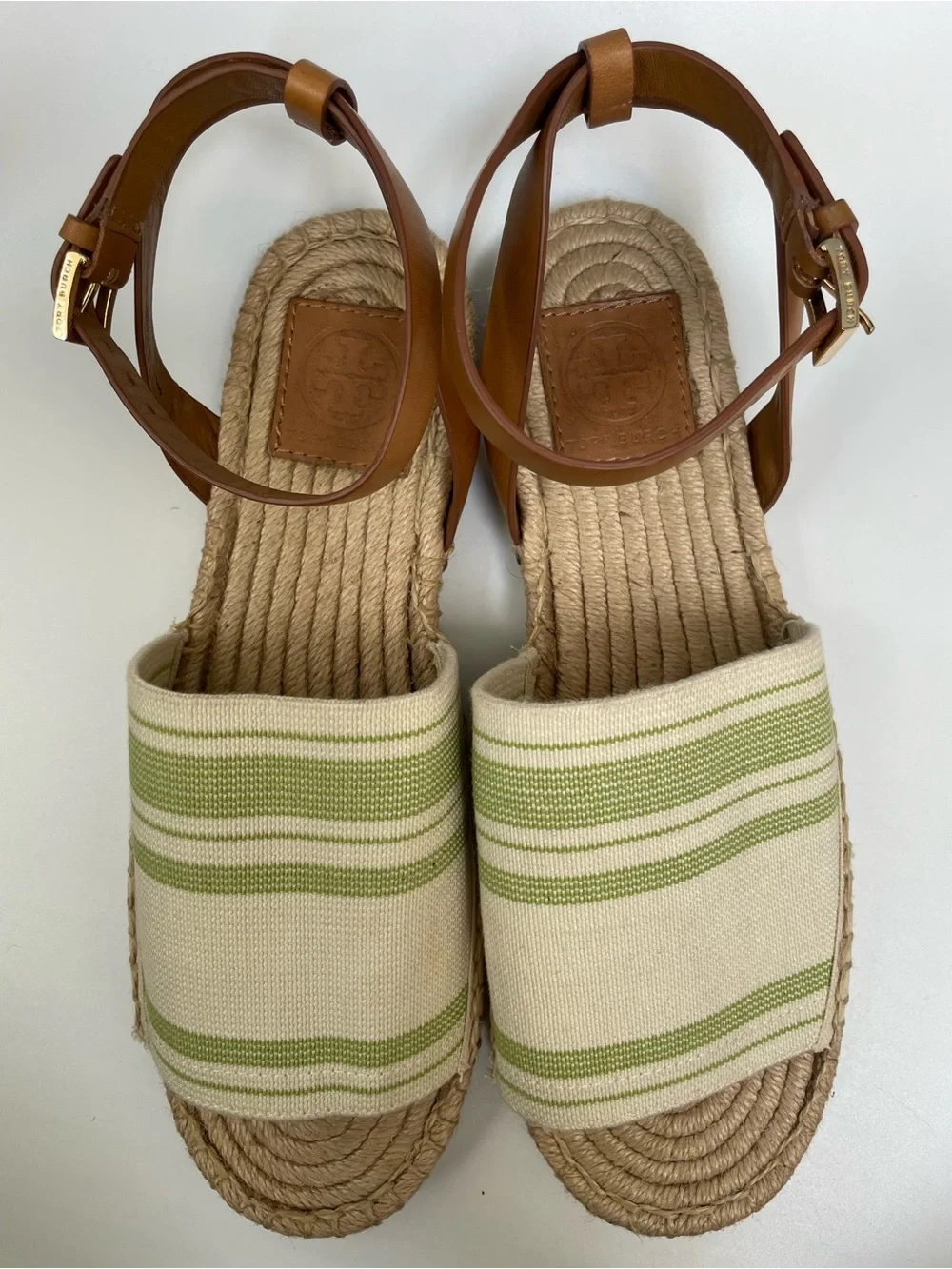 Tory Burch Cream and Light Green Striped Espadrille Sandals-Size 7.5